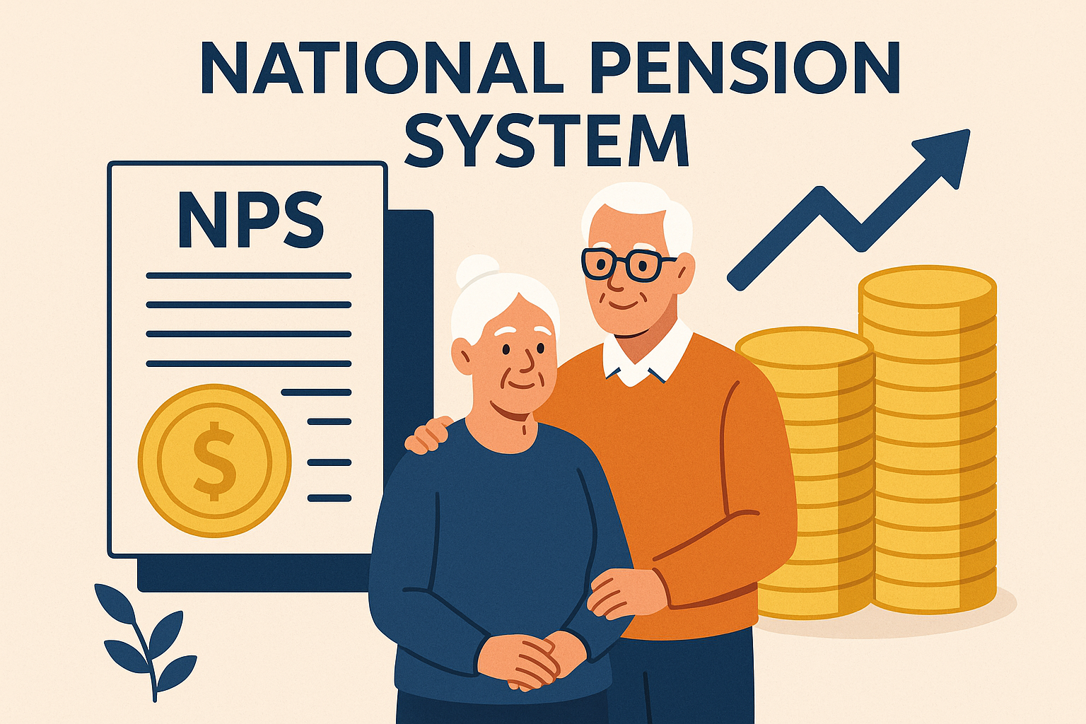 Illustration of the National Pension System featuring an elderly couple, a document labeled "NPS" with a gold coin, and stacked coins with an upward arrow indicating financial growth.